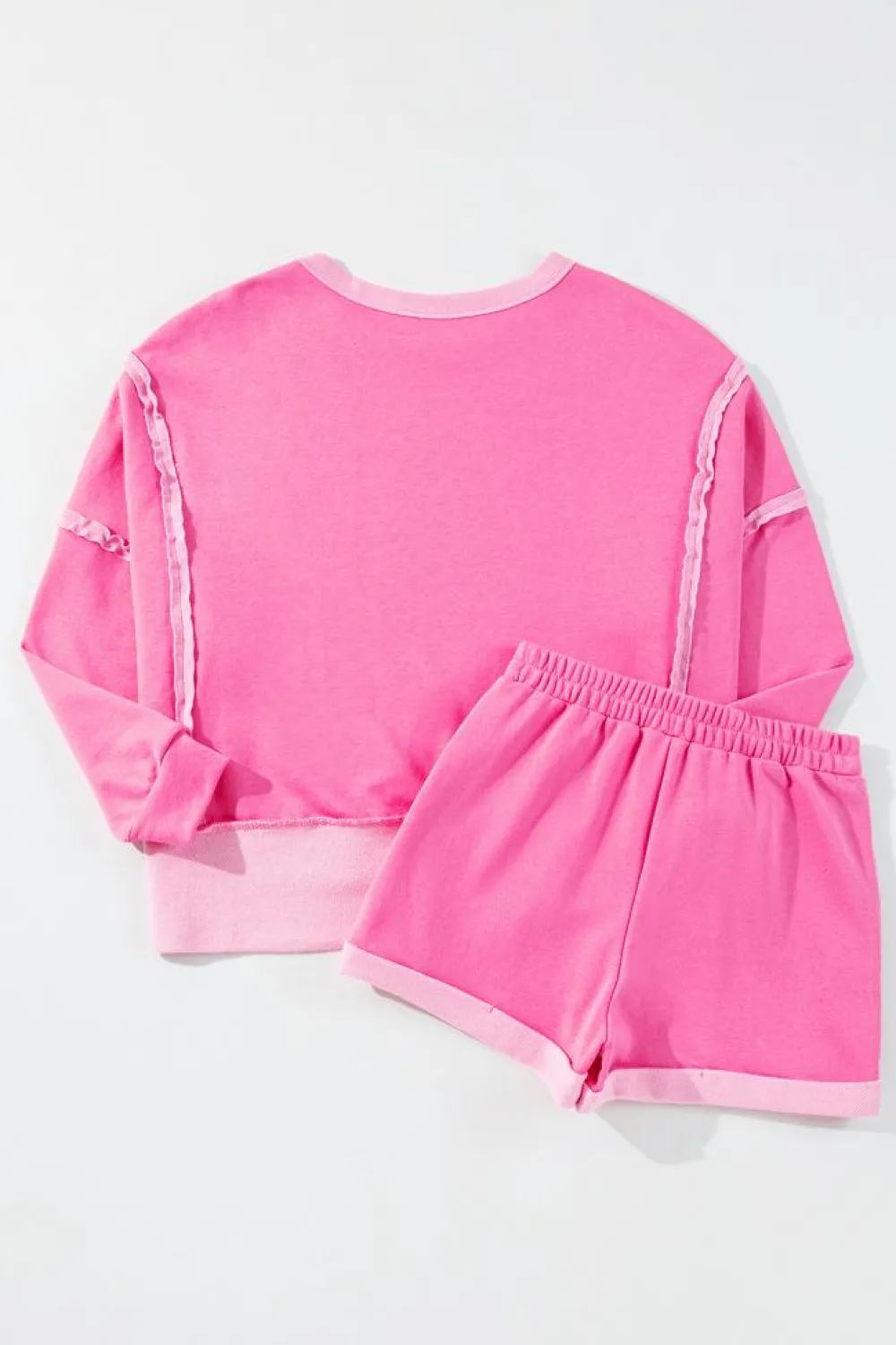 Fashion Dear-Lover High Low Patchwork Long Sleeve Top and Shorts Set Sachet Pink