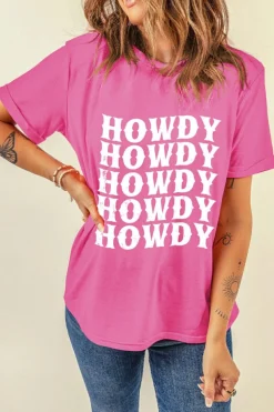 Fashion Dear-Lover HOWDY Graphic Western Crew Neck Tee Sachet Pink
