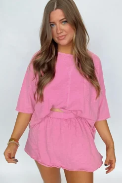 Hot Dear-Lover Loose Fit Half Sleeve T Shirt and High Waist Skirt Set Sachet Pink