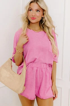 Hot Dear-Lover Loose Fit Half Sleeve T Shirt and High Waist Skirt Set Sachet Pink