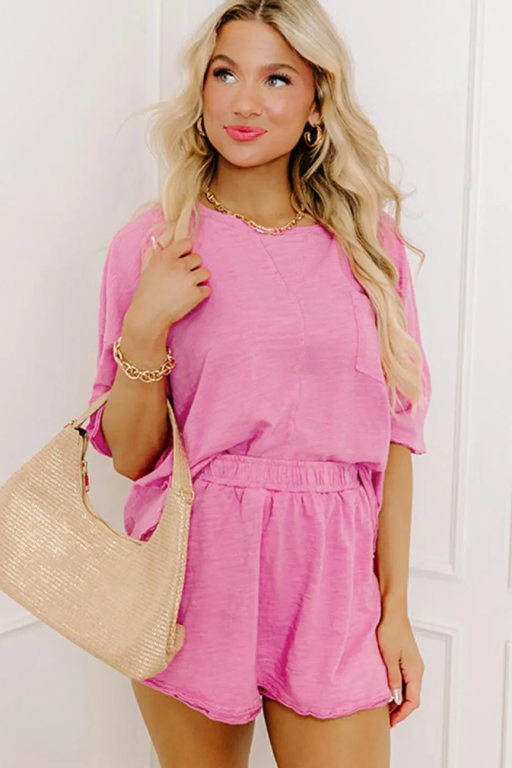 Hot Dear-Lover Loose Fit Half Sleeve T Shirt and High Waist Skirt Set Sachet Pink