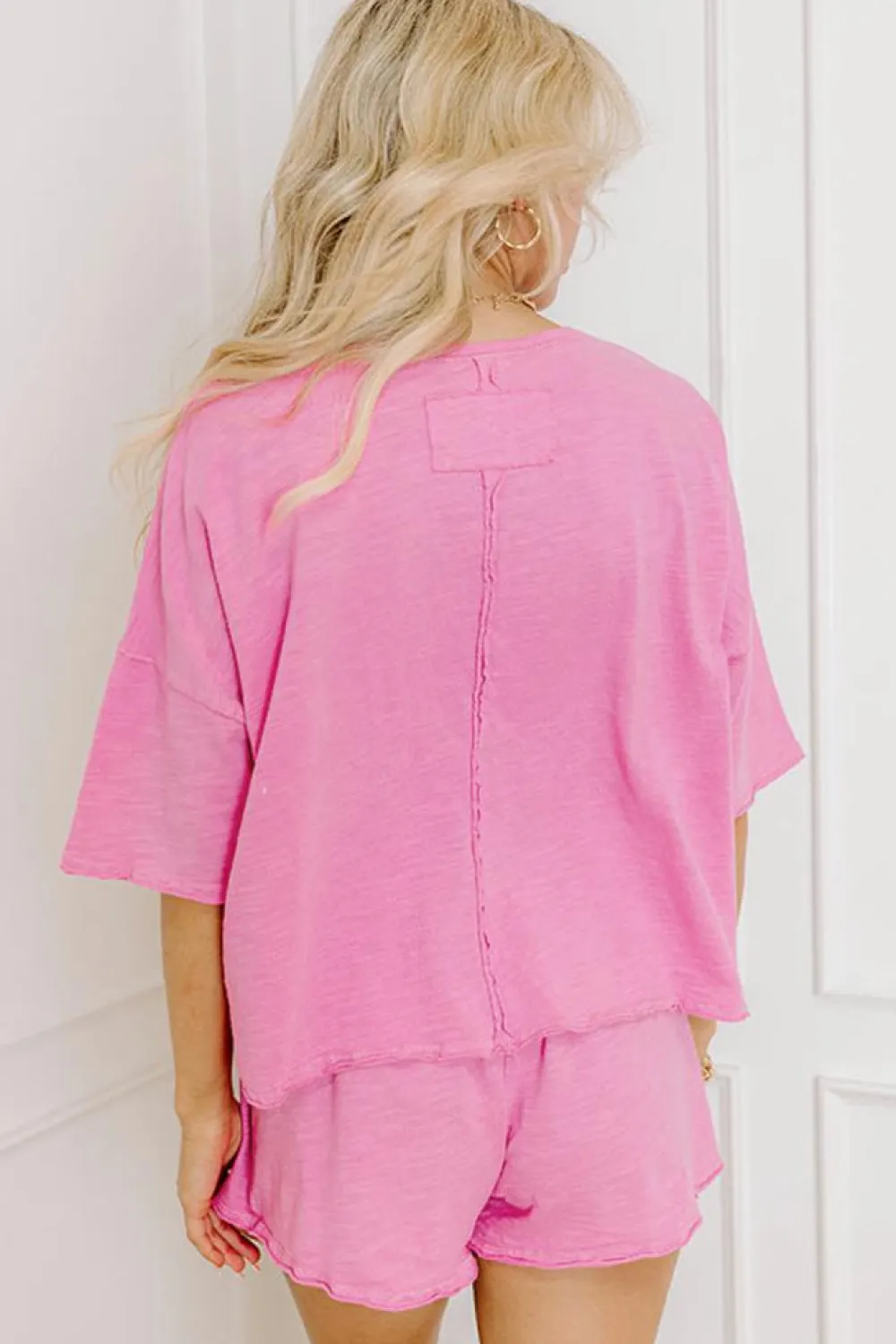 Hot Dear-Lover Loose Fit Half Sleeve T Shirt and High Waist Skirt Set Sachet Pink
