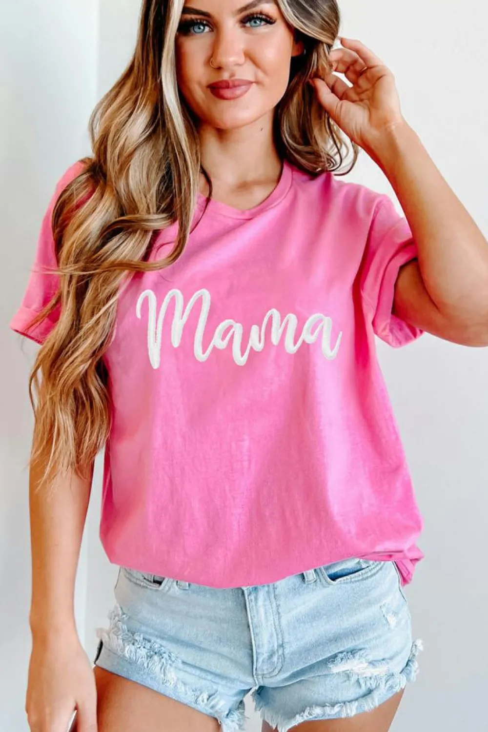 Fashion Dear-Lover mama Embroidered Graphic Crewneck Mothers Day T Shirt Sachet Pink