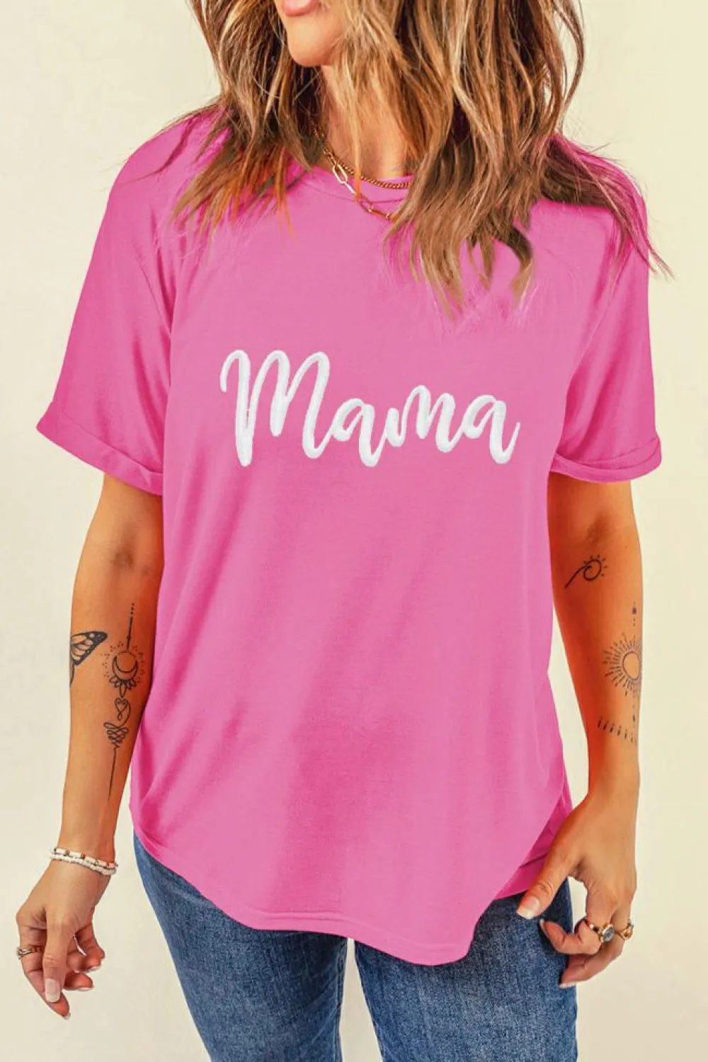 Fashion Dear-Lover mama Embroidered Graphic Crewneck Mothers Day T Shirt Sachet Pink