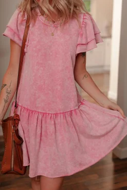 Best Dear-Lover Mineral Wash Raw Edge Ruffle Mini Dress Sachet Pink