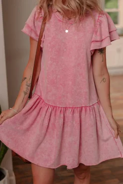 Best Dear-Lover Mineral Wash Raw Edge Ruffle Mini Dress Sachet Pink