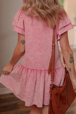 Best Dear-Lover Mineral Wash Raw Edge Ruffle Mini Dress Sachet Pink