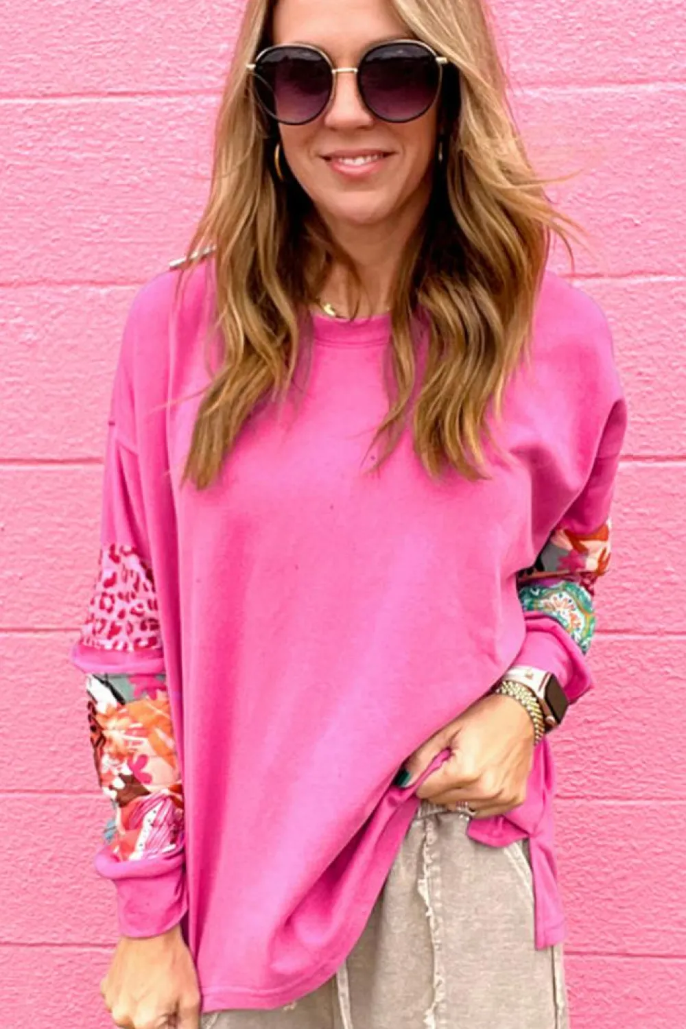 Hot Dear-Lover Mixed Print Patch Drop Shoulder Pullover Top Sachet Pink