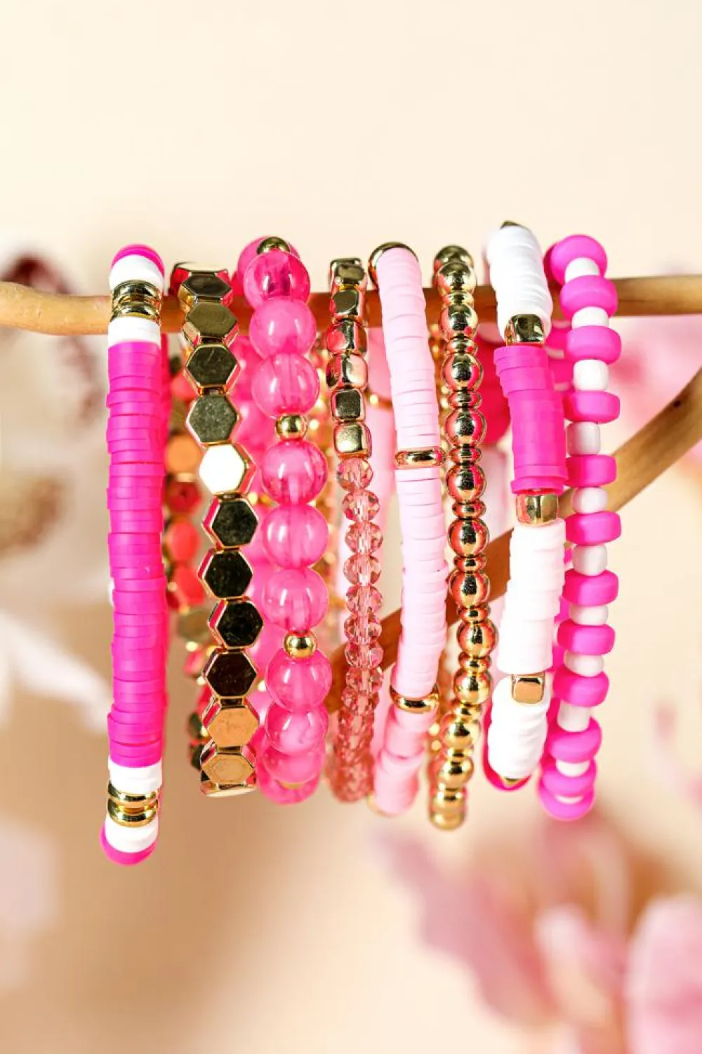 Clearance Dear-Lover 8pcs Valentine Vibe Beaded Elastic Bracelet Set Sachet Pink