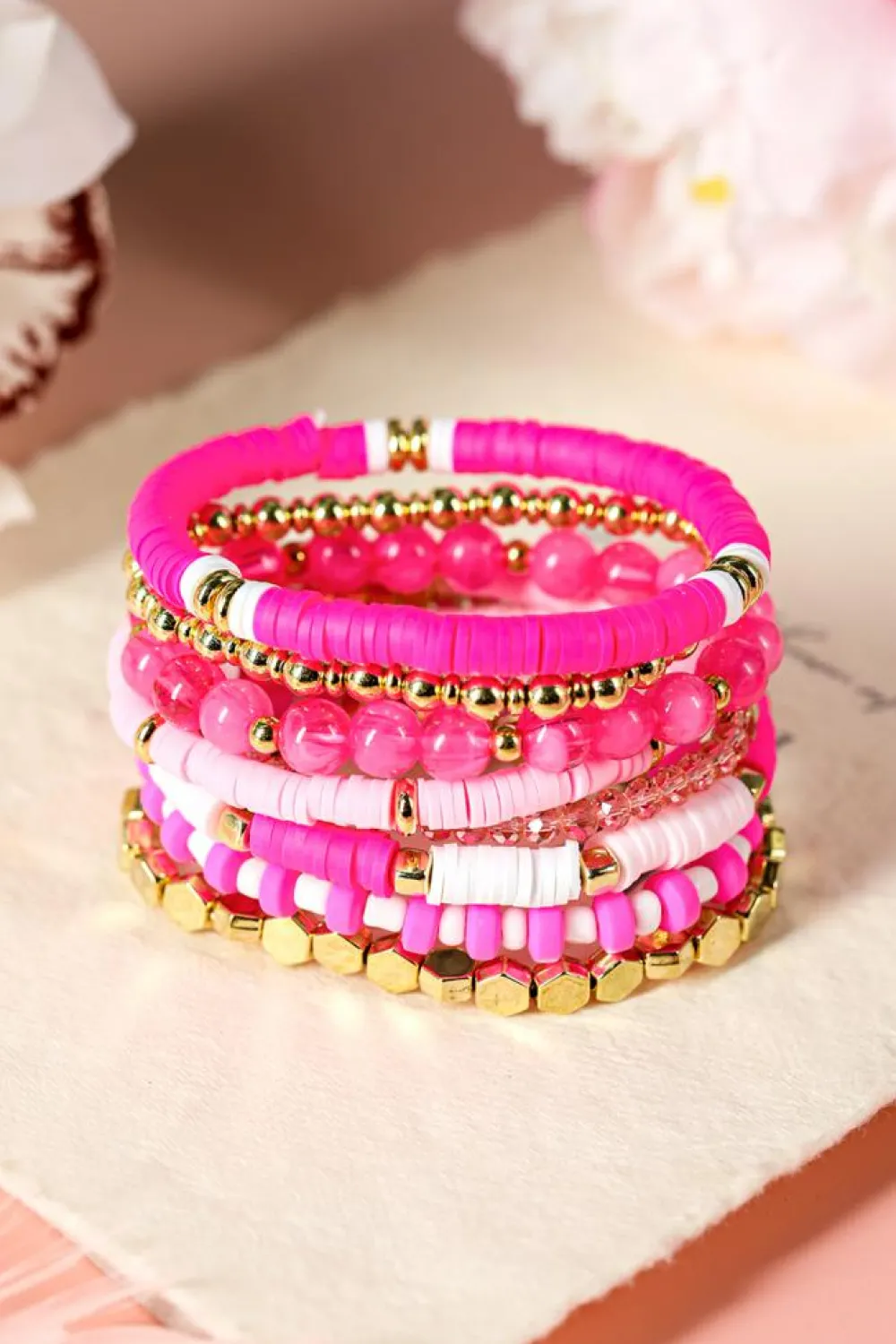 Clearance Dear-Lover 8pcs Valentine Vibe Beaded Elastic Bracelet Set Sachet Pink