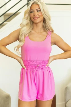 Sale Dear-Lover Plain Sleeveless Loop Drawstring Cinched Waist Romper Sachet Pink