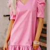 New Dear-Lover Pleather Bubble Short Sleeve V Neck Ruffled Hem Mini Dress Sachet Pink