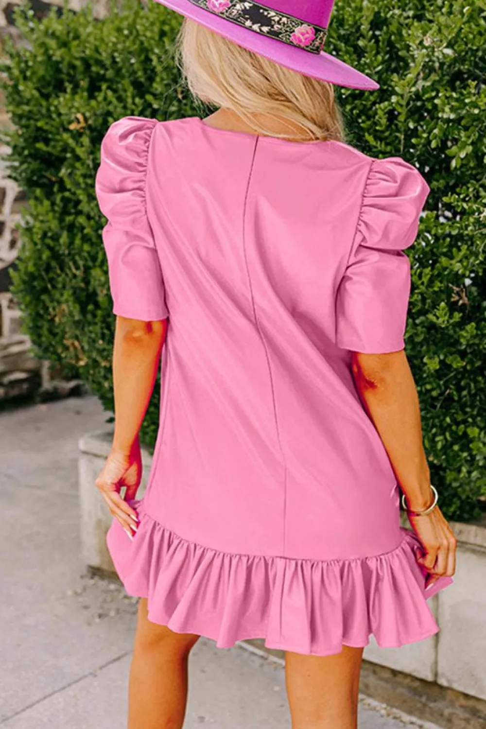 New Dear-Lover Pleather Bubble Short Sleeve V Neck Ruffled Hem Mini Dress Sachet Pink