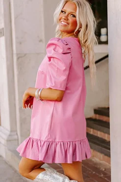 New Dear-Lover Pleather Bubble Short Sleeve V Neck Ruffled Hem Mini Dress Sachet Pink