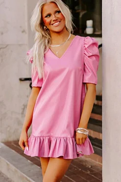 New Dear-Lover Pleather Bubble Short Sleeve V Neck Ruffled Hem Mini Dress Sachet Pink