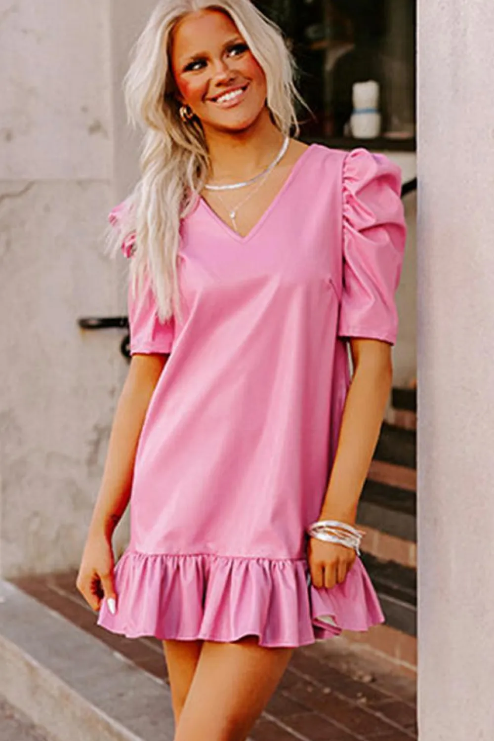 New Dear-Lover Pleather Bubble Short Sleeve V Neck Ruffled Hem Mini Dress Sachet Pink
