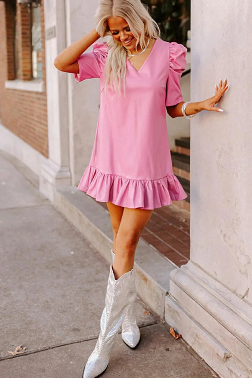 New Dear-Lover Pleather Bubble Short Sleeve V Neck Ruffled Hem Mini Dress Sachet Pink