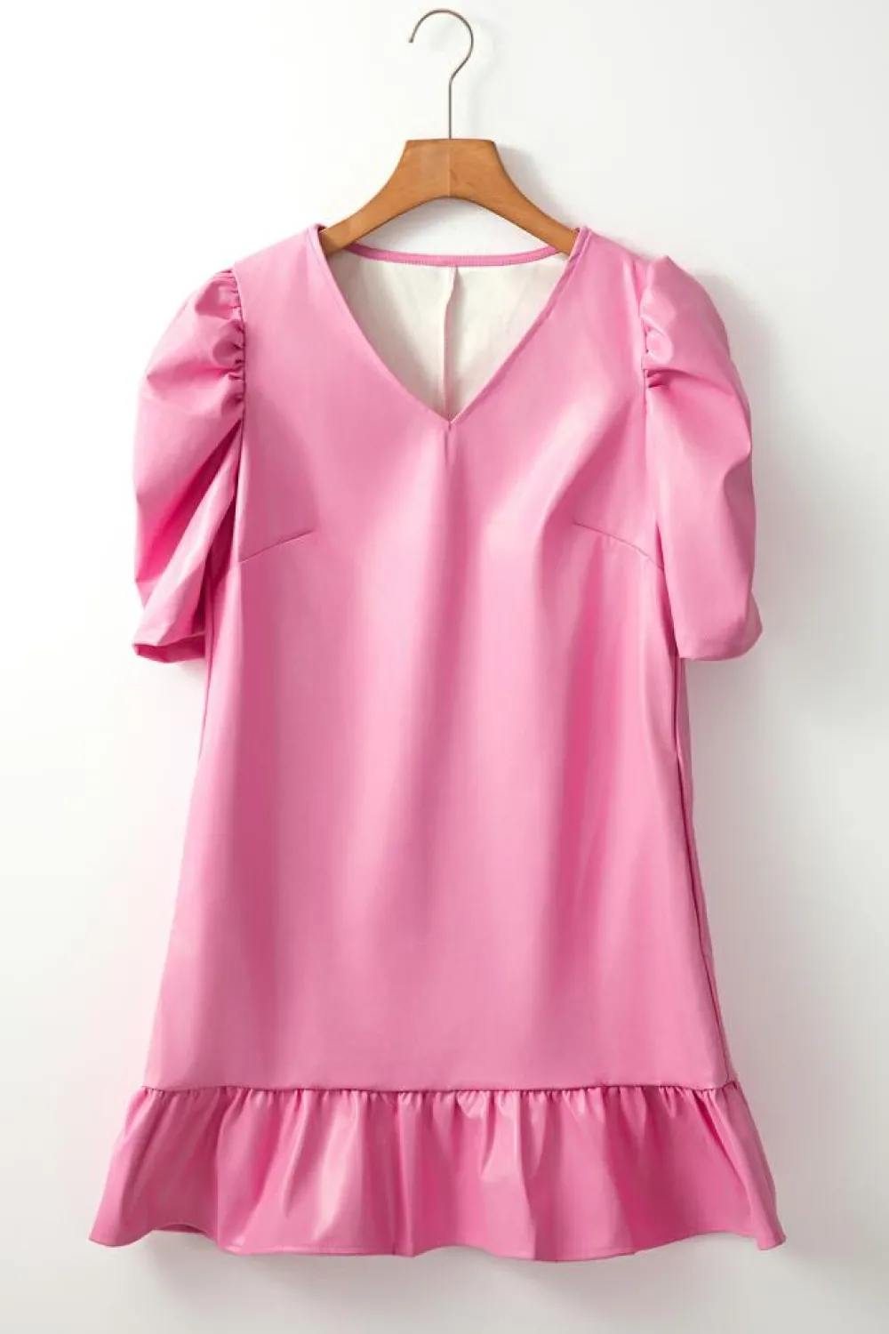 New Dear-Lover Pleather Bubble Short Sleeve V Neck Ruffled Hem Mini Dress Sachet Pink