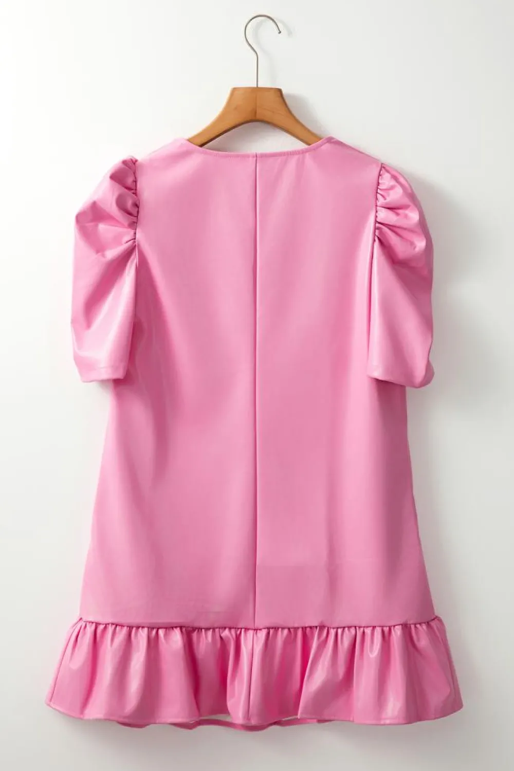 New Dear-Lover Pleather Bubble Short Sleeve V Neck Ruffled Hem Mini Dress Sachet Pink