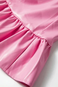New Dear-Lover Pleather Bubble Short Sleeve V Neck Ruffled Hem Mini Dress Sachet Pink