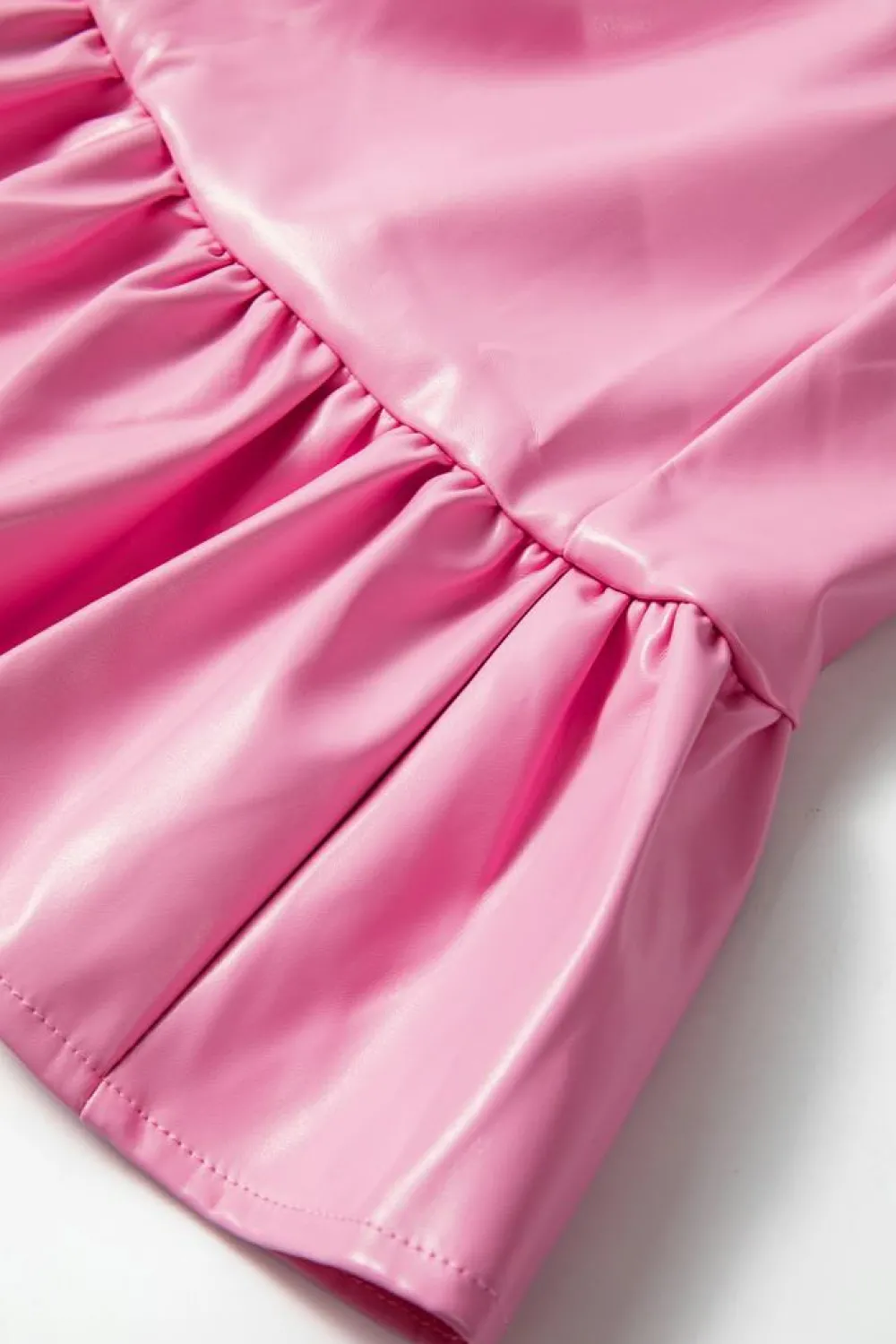 New Dear-Lover Pleather Bubble Short Sleeve V Neck Ruffled Hem Mini Dress Sachet Pink