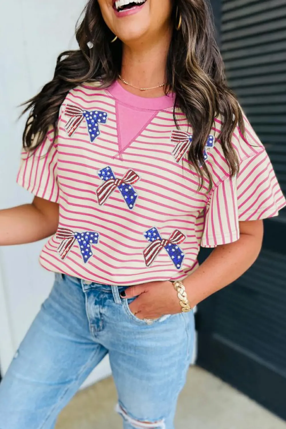 New Dear-Lover Sequined American Flag Bow Patched Striped Ruffled Sleeve Blouse Sachet Pink