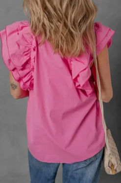 Sale Dear-Lover Shirred Yoke Lace up V Neck Ruffled Sleeve Blouse Sachet Pink