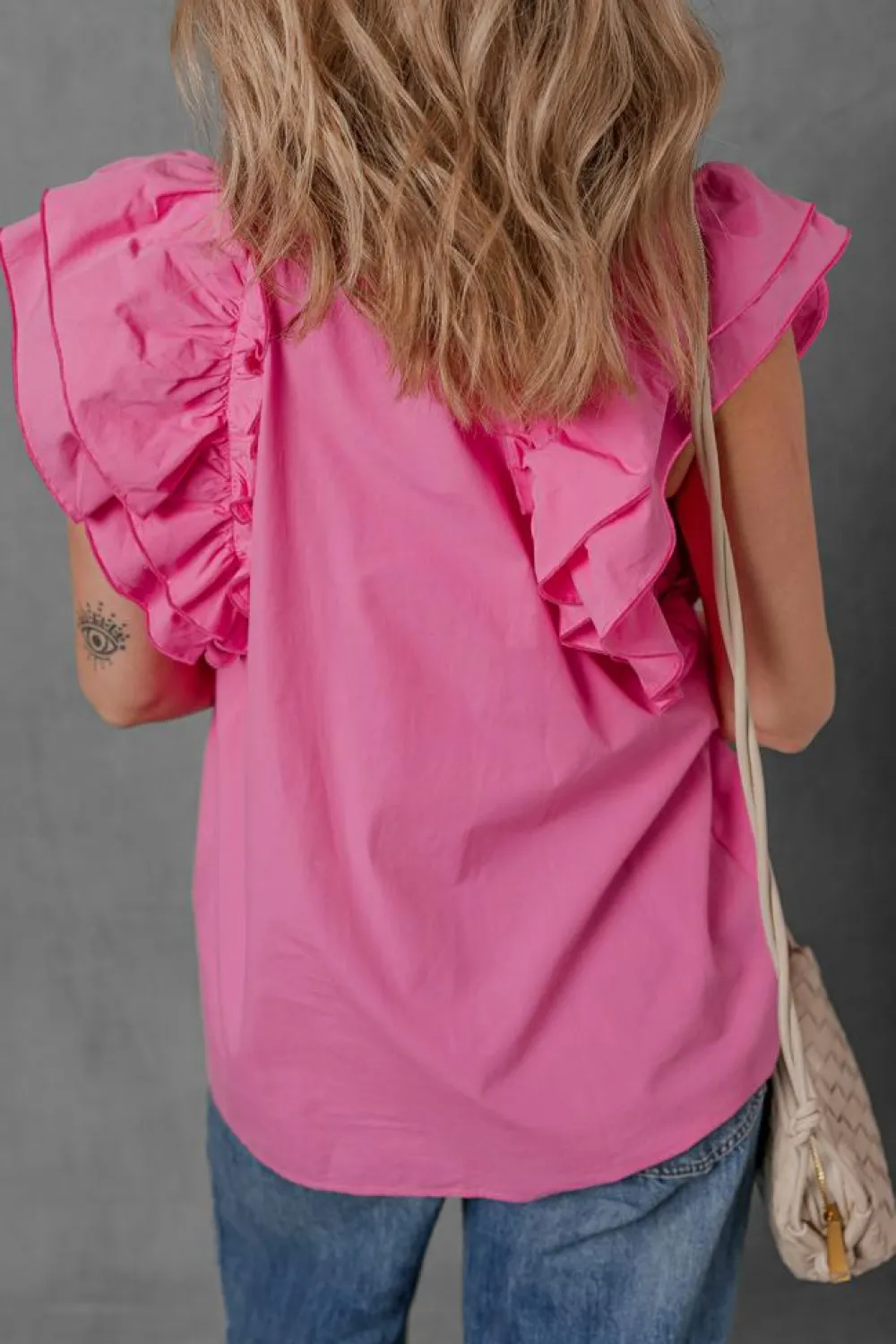 Sale Dear-Lover Shirred Yoke Lace up V Neck Ruffled Sleeve Blouse Sachet Pink