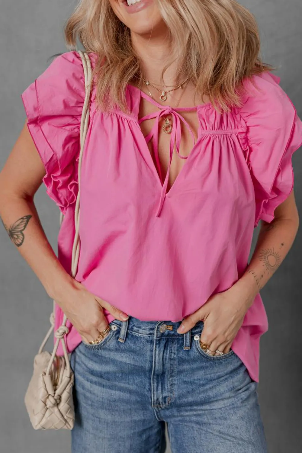 Sale Dear-Lover Shirred Yoke Lace up V Neck Ruffled Sleeve Blouse Sachet Pink