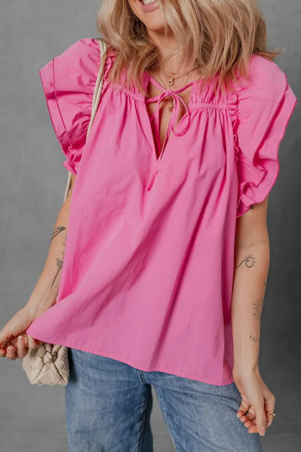 Sale Dear-Lover Shirred Yoke Lace up V Neck Ruffled Sleeve Blouse Sachet Pink