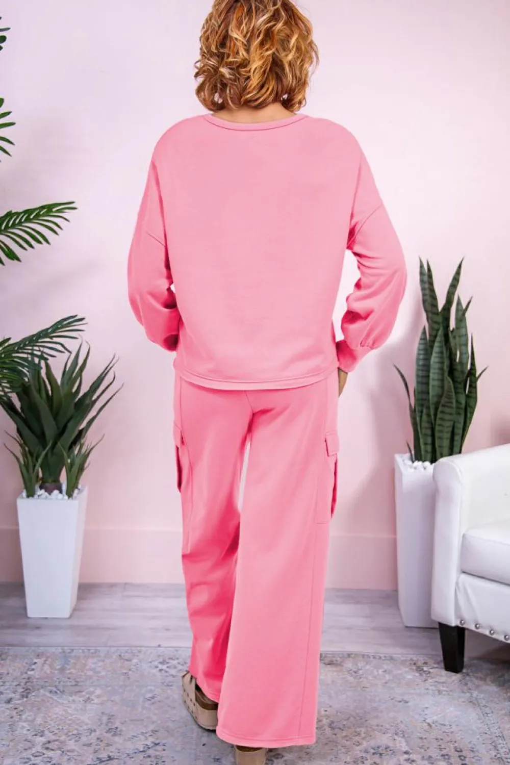Hot Dear-Lover Solid Color Patchwork Pullover Top and Cargo Pants Set Sachet Pink