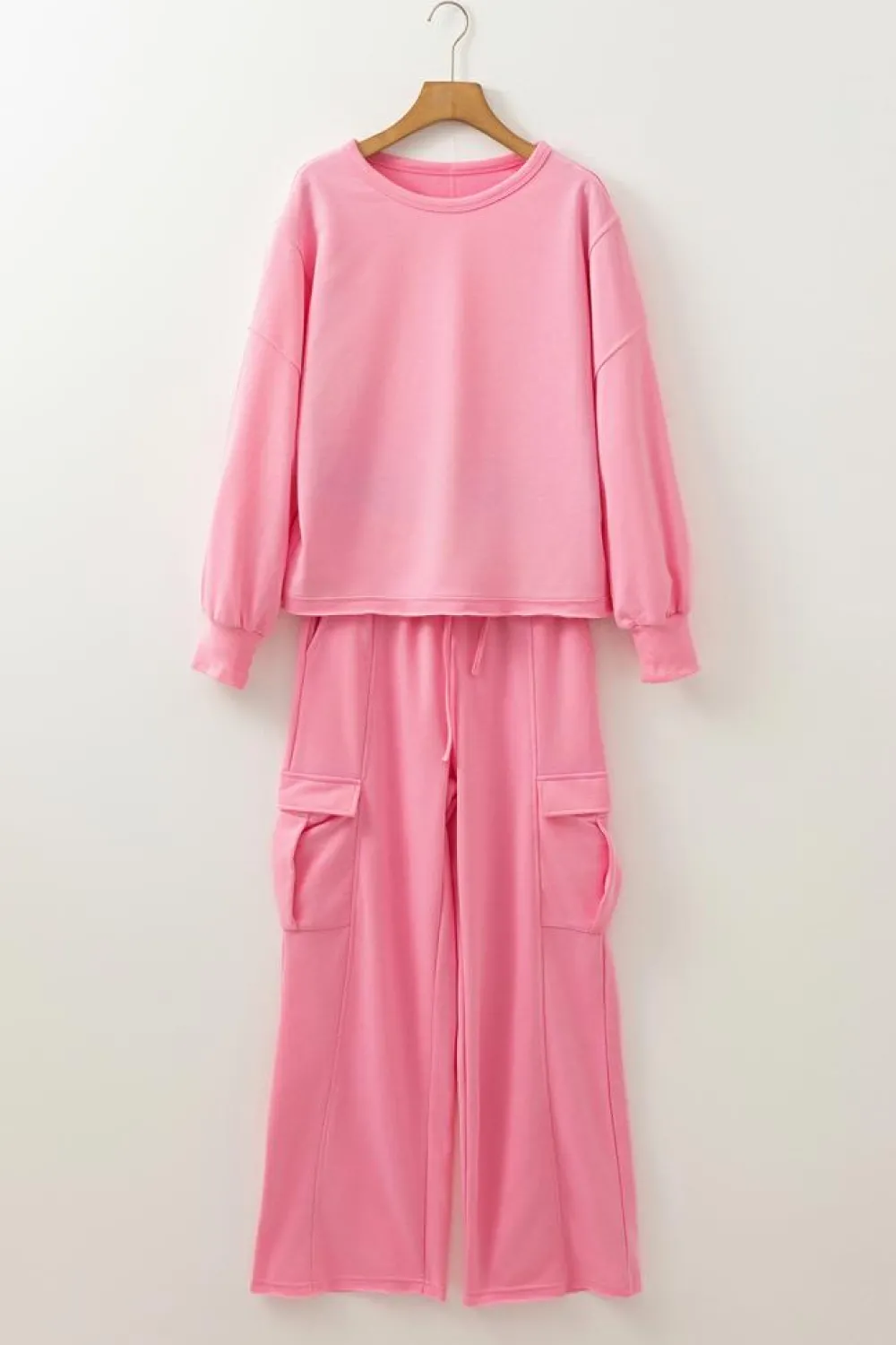 Hot Dear-Lover Solid Color Patchwork Pullover Top and Cargo Pants Set Sachet Pink
