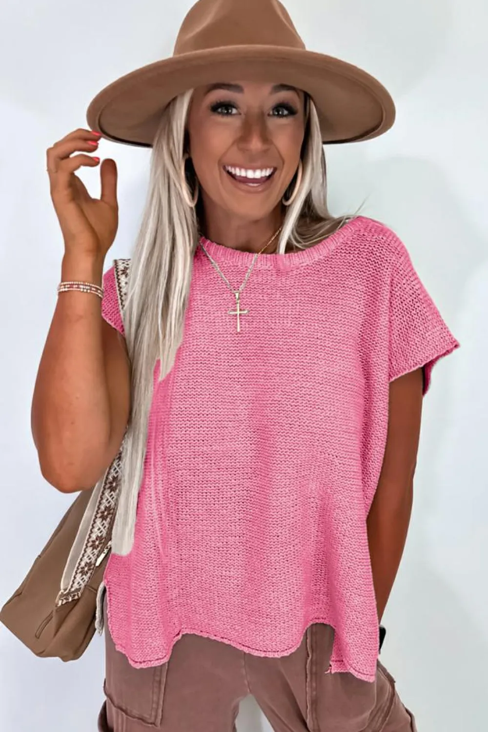 Hot Dear-Lover Solid Color Sweater Tee with Side Slits Sachet Pink