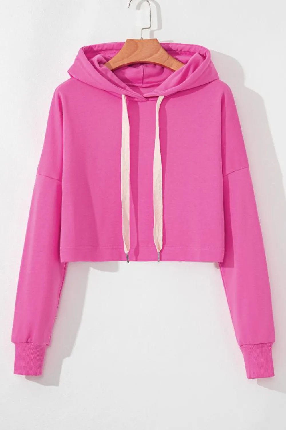 Outlet Dear-Lover Solid Drop Shoulder Drawstring Cropped Hoodie Sachet Pink