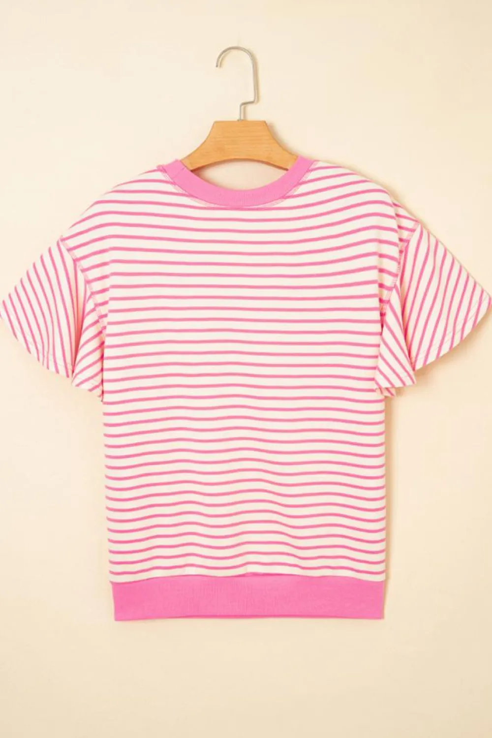 New Dear-Lover Striped Guitar Patched Ruffle Short Sleeve Crossed Seam Blouse Sachet Pink