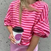 Hot Dear-Lover Striped Print Crew Neck Drop Shoulder Sweatshirt Sachet Pink