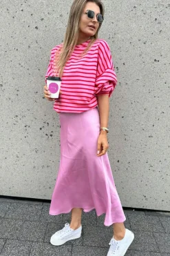 Hot Dear-Lover Striped Print Crew Neck Drop Shoulder Sweatshirt Sachet Pink
