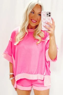 Online Dear-Lover Terry Cloth Colour Blocking Shorts Set Sachet Pink