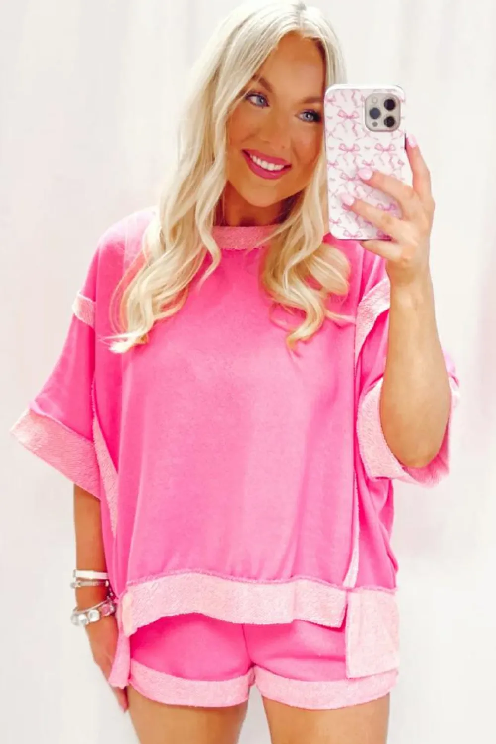 Online Dear-Lover Terry Cloth Colour Blocking Shorts Set Sachet Pink