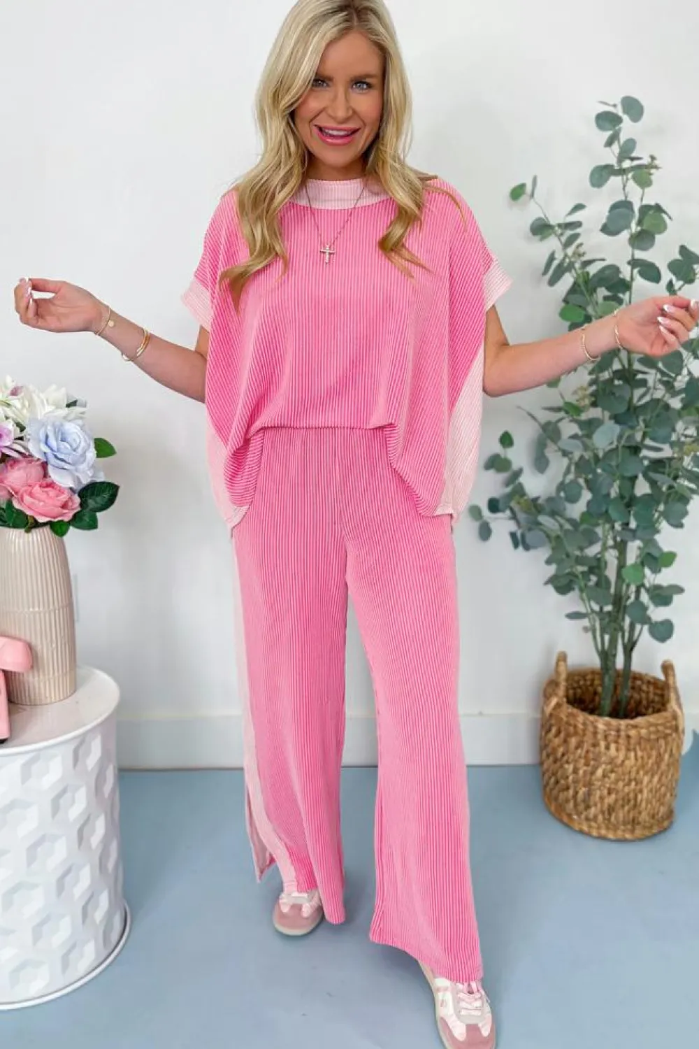 Discount Dear-Lover 2-tone Colorblock Patchwork Corded 2pcs Outfit Sachet Pink