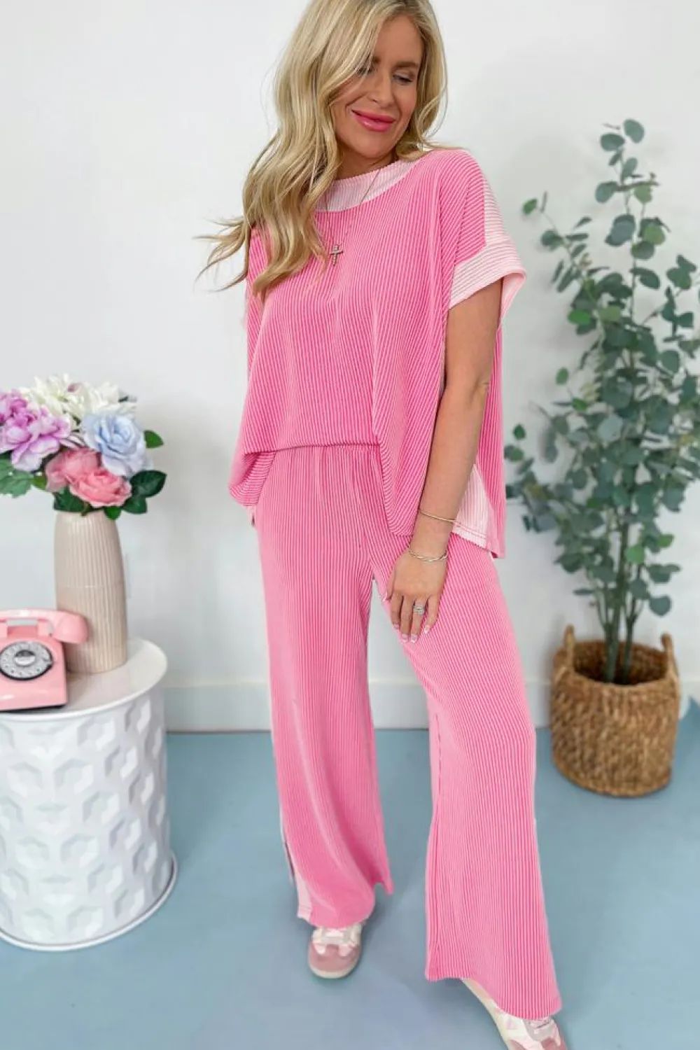 Discount Dear-Lover 2-tone Colorblock Patchwork Corded 2pcs Outfit Sachet Pink