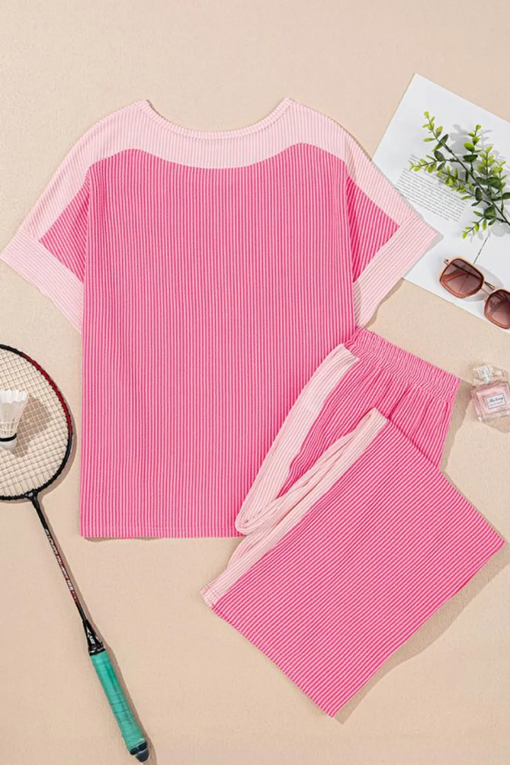 Discount Dear-Lover 2-tone Colorblock Patchwork Corded 2pcs Outfit Sachet Pink
