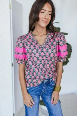 Discount Dear-Lover V-Neck Ruffle Abstract Floral Print Puff Sleeve Top Sachet Pink