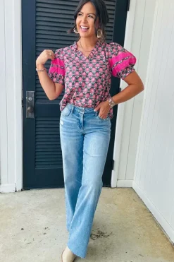 Discount Dear-Lover V-Neck Ruffle Abstract Floral Print Puff Sleeve Top Sachet Pink