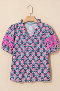 Discount Dear-Lover V-Neck Ruffle Abstract Floral Print Puff Sleeve Top Sachet Pink