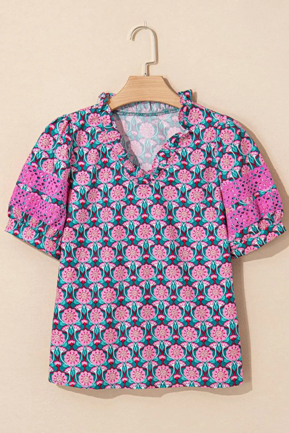 Discount Dear-Lover V-Neck Ruffle Abstract Floral Print Puff Sleeve Top Sachet Pink