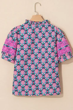 Discount Dear-Lover V-Neck Ruffle Abstract Floral Print Puff Sleeve Top Sachet Pink