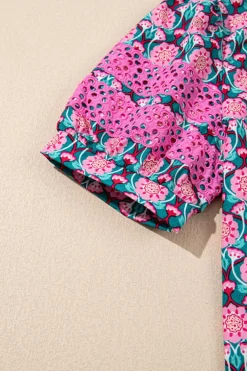 Discount Dear-Lover V-Neck Ruffle Abstract Floral Print Puff Sleeve Top Sachet Pink