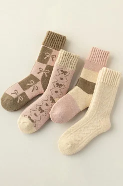 Online Dear-Lover Checkered Bowknot Printed Thermal Mid Calf Socks Sage Green