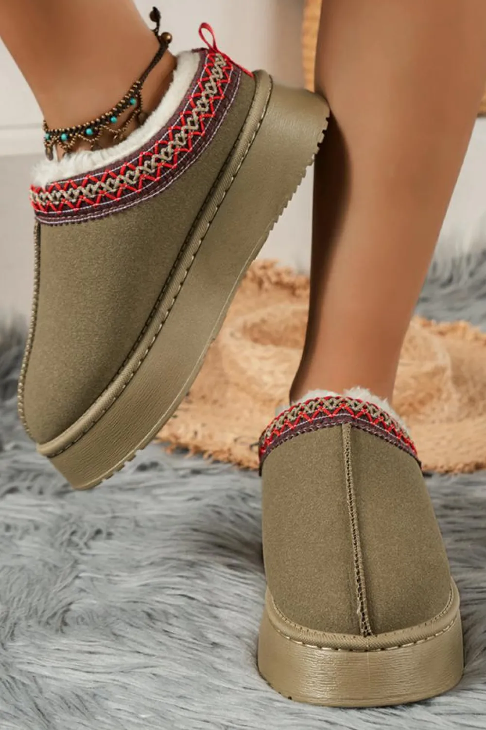 Outlet Dear-Lover Contrast Print Suede Plush Lined Snow Boots Sage Green